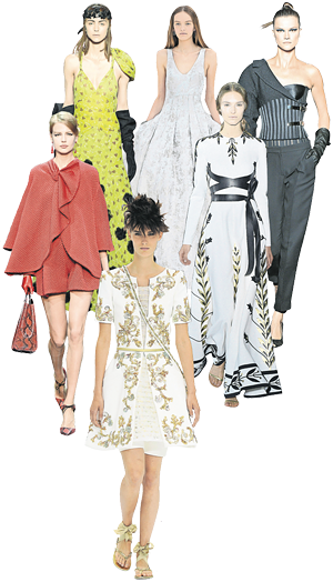 Clockwise from far left: autumn/winter 2014 designs by Armani Privé, Schiaparelli, Dior, Atelier Versace, Valentino and Chanel