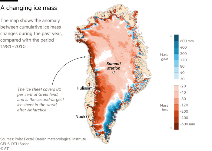 Map showing changing ice mass in Greenland