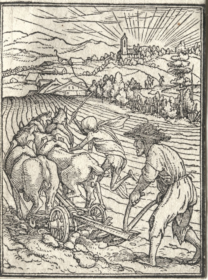 Woodcuts from Hans Holbein’s ‘Dance of Death’ (1524-26): 'The Ploughman' . . .