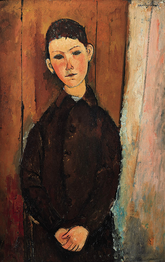 AMEDEO MODIGLIANI 1884 - 1920 "JEUNE HOMME ASSIS, LES MAINS CROISÉES SUR LES GENOUX" signed Modigliani (upper right) oil on canvas 92 by 60cm. 36¼ by 23⅝in. Painted in 1918.
