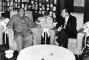 The historic meeting between Richard Nixon and Mao Zedong in 1972, which marked the resumption of relations between the two powers