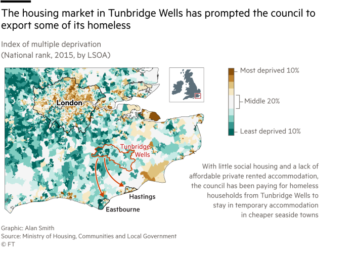 Map of deprivation levels in South East England showing Tunbridge Wells (not deprived) and areas that the council export some homeless people to (more deprived)