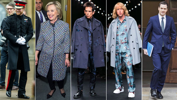 From left to right: Prince Harry; Hillary Clinton; Ben Stiller, as Derek Zoolander; Owen Wilson, as Hansel; George Osborne