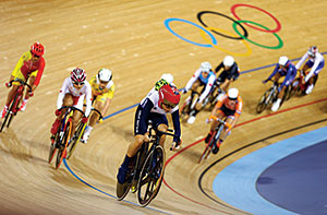 Laura Trott (front) of Great Britain in action during the Women's Omnium Track Cycling 20km Points Race on Day 10 of the London 2012 Olympic Games