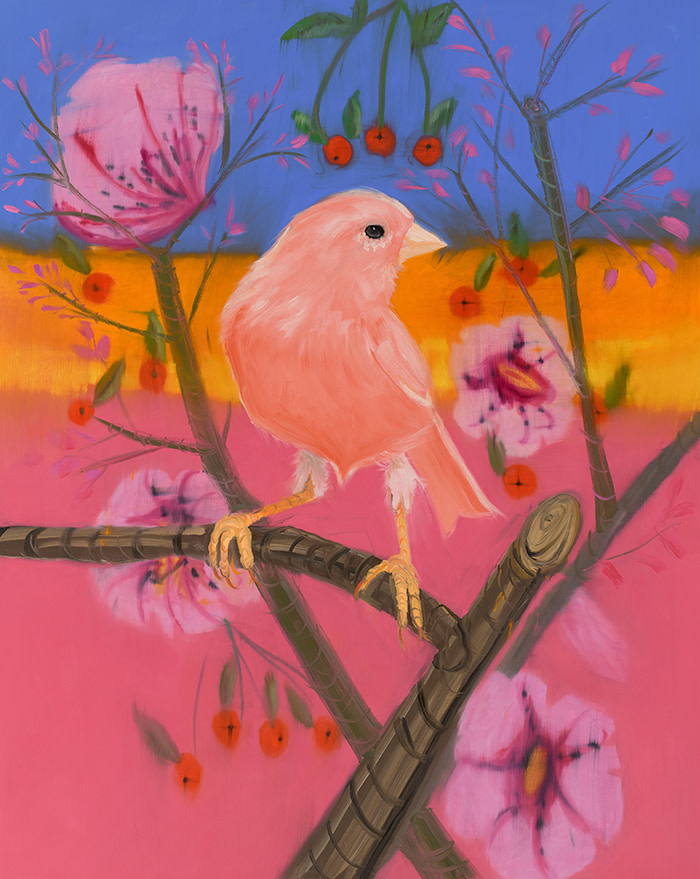 Ann Craven Pink Canary (Stepping Out, on Pink Sunset) 2018 Oil on canvas 90 by 72 inches Courtesy the artist and Karma