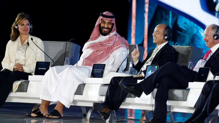 Saudi Crown Prince Mohammed bin Salman and Masayoshi Son, SoftBank Group Corp. Chairman and CEO, attend the Future Investment Initiative conference in Riyadh, Saudi Arabia October 24, 2017. REUTERS/Faisal Al Nasser