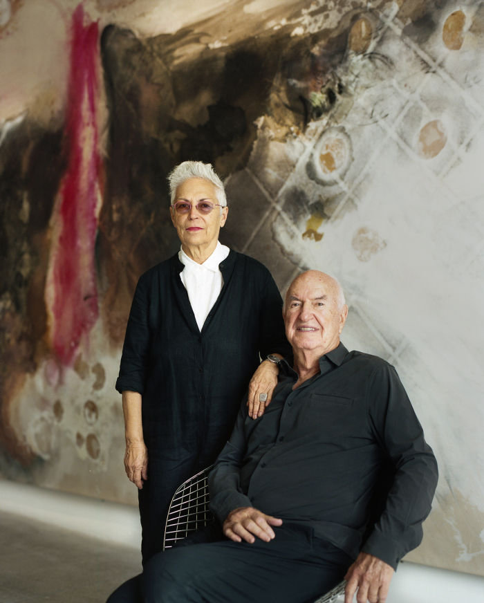 The Rubells photographed for The FT by Melanie Metz at the Rubell Museum, Miami. The image behind the Rubells in their portrait is Lucy Dodd, Guernika, 2014.