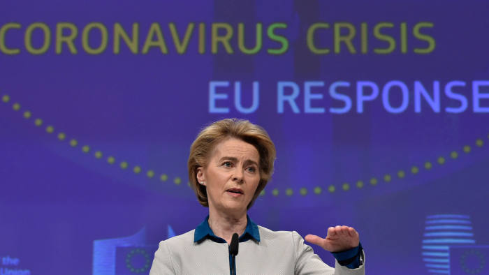 Mandatory Credit: Photo by JOHN THYS/POOL/EPA-EFE/Shutterstock (10613709e) The President of European Commission Ursula von der Leyen holds a press conference on the European Union (EU) response to the coronavirus COVID-19 disease crisis at the EU headquarters in Brussels, Belgium, on April 15, 2020. President of European Commission Ursula von der Leyen holds a press conference, Brussels, Belgium - 15 Apr 2020