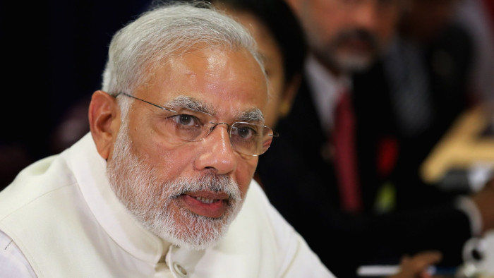 NEW YORK, NY - SEPTEMBER 28:  (AFP OUT) Indian Prime Minister Narendra Modi delivers remarks to the news media after holding a bilateral meeting with U.S. President Barack Obama and their respective foreign policy teams at the United Nations headquarters September 28, 2015 in New York City. Modi and Obama are in New York City to attend the 70th anniversary general assembly meetings.  (Photo by Chip Somodevilla/Getty Images)