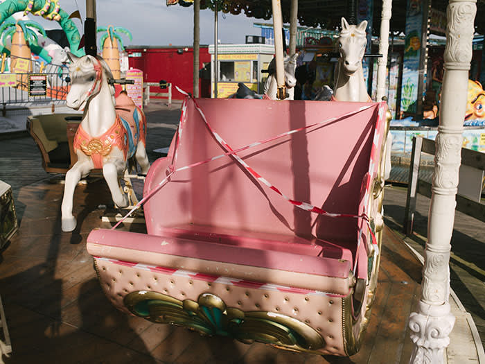 A damaged seat on the Central Pier carousel