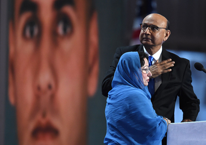 (FILES) This file photo taken on July 28, 2016 shows Khizr Khan, father of Humayun S. M. Khan who was killed while serving in Iraq with the US Army, gestures as his wife looks on during the fourth and final day of the Democratic National Convention at the Wells Fargo Centerin Philadelphia, Pennsylvania. The father of a slain Muslim American soldier assailed Donald Trump as a &quot;black soul&quot; July 31, 2016 in an impassioned exchange with the Republican presidential candidate over the qualities required in a US leader. Khizr Khan electrified the Democratic convention last week with a tribute to his fallen son that ended with a steely rebuke that Trump had &quot;sacrificed nothing&quot; for his country. / AFP PHOTO / Timothy A. CLARYTIMOTHY A. CLARY/AFP/Getty Images