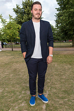 Oliver Bostock at the same party in blue shoes by Burberry