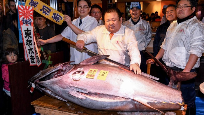 Kiyoshi Kimura (C), president of sushi restaurant chain Sushi-Zanmai, poses with a 212-kilogram bluefin tuna at his main restaurant near the Tsukiji fish market in Tokyo on January 5, 2017. The bluefin tuna was traded at 74.2 million yen (about 632,600 USD) at the wholesale market on the first trading day of the new year. / AFP / TOSHIFUMI KITAMURA (Photo credit should read TOSHIFUMI KITAMURA/AFP/Getty Images)