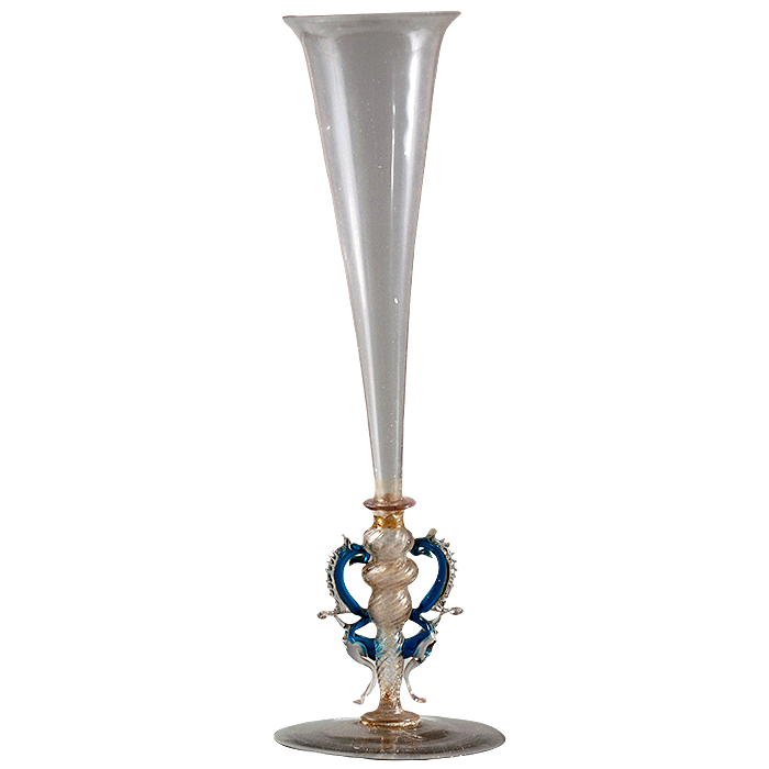 Clear glass stemmed glass decorated with blue glass and crystal wings, Murano, Venice. Italy, 16th-17th century