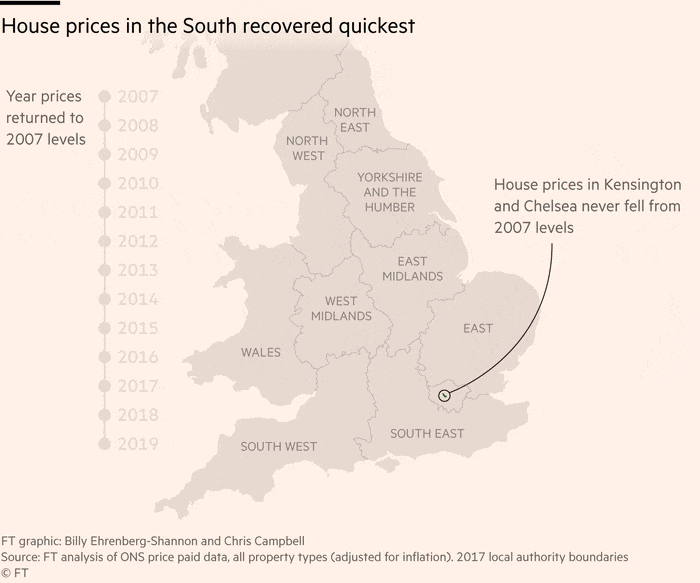 Map showing when house prices in the UK recovered to 2007 levels
