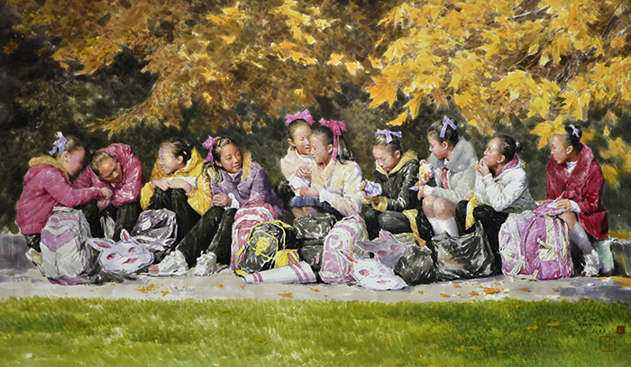 Choe Yu Song, On the Way Home, 2016, Chosonhwa, 112x192cm North Korean Art: Paradoxical Realism Curated by B.G. Muhn Venue: Asia Culture Center ACC Creation — Gallery 6