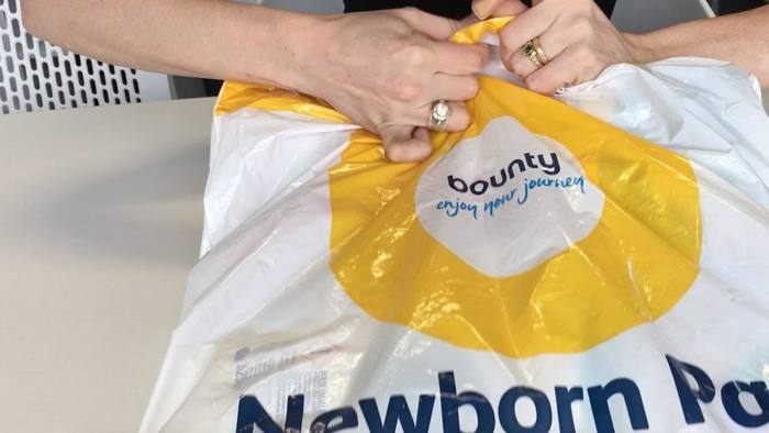 Grab from YouTube of a Bounty Newborn pack delivered to new mothers and their babies