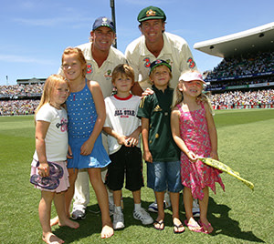 Shane Warne with fellow Australian cricketer Glenn McGrath and the players’ children at an Ashes Test in 2007
