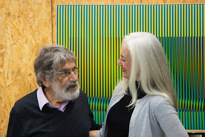 Artist, Carlos Cruz-Diez and Mary Rozell, Global Head of the UBS Art Collection and artist, in his studio.