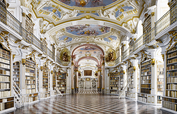 The white and gold hall of the library at Admont Abbey in Austria, designed by the architect Josef Hueber and completed in 1776