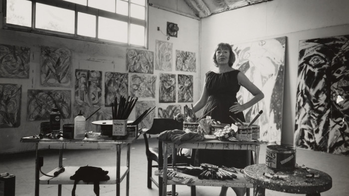 Lee Krasner in her studio in the barn, Springs, 1962, Photo by Hans Namuth. Lee Krasner Papers, Archives of American Art, Smithsonian Institution, Washington, D