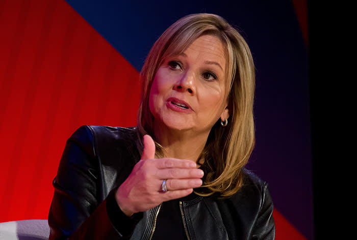 Mary Barra, chairman and chief executive officer of General Motors Co. (GM), speaks during an Advertising Week session in New York, U.S., on Tuesday, Sept. 27, 2016. Earlier this year, GM became the first automaker to livestream on Facebook when it unveiled a new car at the Consumer Electronics Show in Las Vegas. Photographer: Michael Nagle/Bloomberg