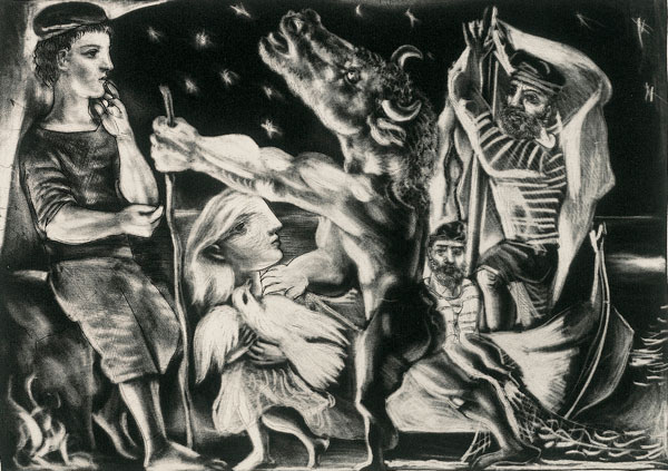An aquatint by Pablo Picasso showing a blind, stumbling minotaur being led by a girl carrying a dove
