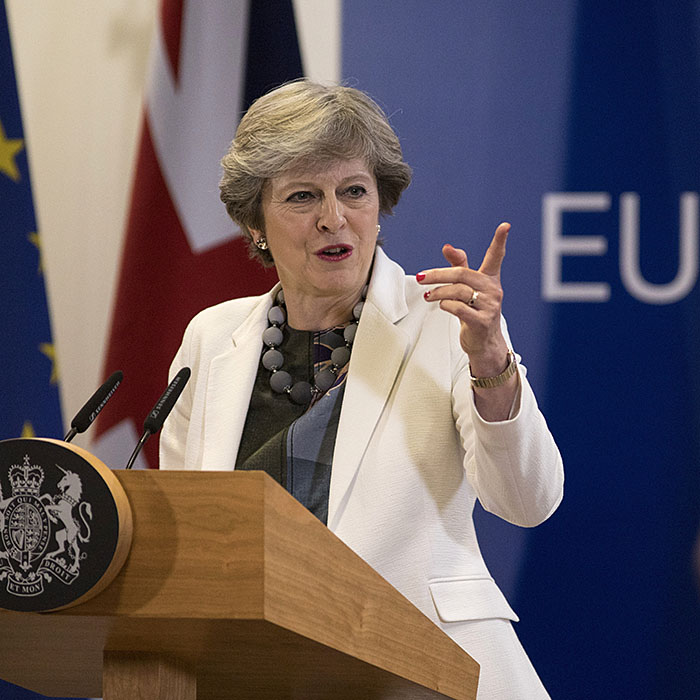BRUSSELS, BELGIUM - OCTOBER 20: Britain's Prime Minister Theresa May holds a press conference on the second day of European Council meetings at the Council of the European Union building on October 20, 2017 in Brussels, Belgium. Britain's Prime Minister Theresa May attended meetings yesterday with the other 27 EU leaders, which concluded with a dinner speech, in which she asked that she could strike a Brexit deal that she can defend to UK voters. (Photo by Dan Kitwood/Getty Images)