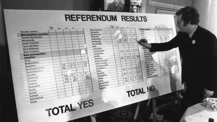 Results of the Common Market referendum being tallied the London headquarters of the “Keep Britain In” campaign on June 6, 1975
