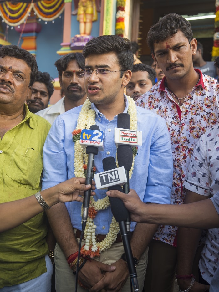 Tejasvi Surya, the 28-year-old candidate for the right wing Hindu Nationalist BJP in the ongoing National Elelections addresses the media outside a Hindu Temple in Bangalore South.