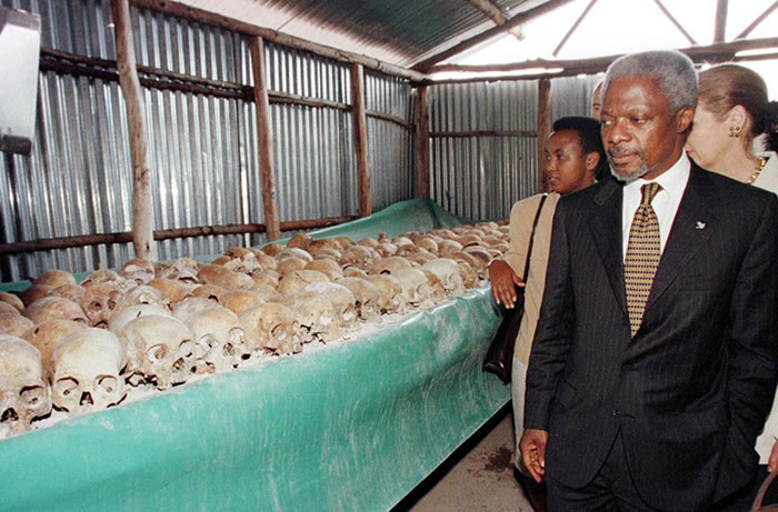 (FILES) In this file photo taken on May 8, 1998 UN Secretary General Kofi Annan walks by skulls at the Mulire Genocide memorial. - Former United Nations Secretary General and Nobel Peace Prize laureate Kofi Annan has died on August 18, 2018 after a short illness at the age of 80, his foundation announced. &quot;It is with immense sadness that the Annan family and the Kofi Annan Foundation announce that Kofi Annan, former Secretary General of the United Nations and Nobel Peace Laureate, passed away peacefully on Saturday 18th August after a short illness,&quot; the foundation said in a statement. (Photo by ALEXANDER JOE / AFP)ALEXANDER JOE/AFP/Getty Images