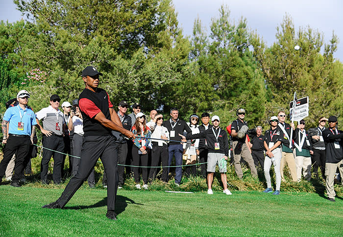 LAS VEGAS, NV - NOVEMBER 23: Tiger Woods plays a shot on the tenth hole during The Match: Tiger vs Phil at Shadow Creek Golf Course on November 23, 2018 in Las Vegas, Nevada. (Photo by Christian Petersen/Getty Images for The Match)