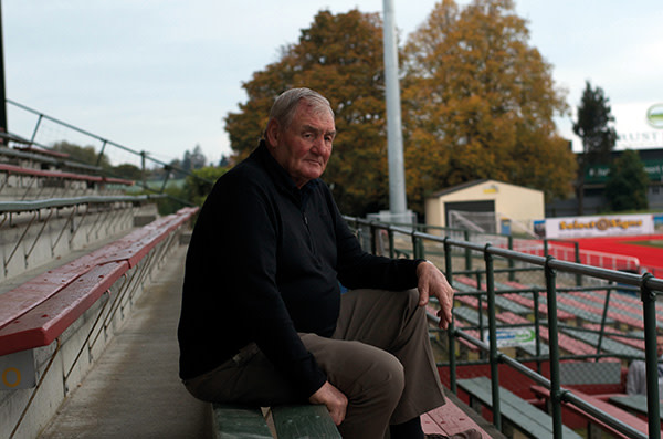 Former All Black captain and coach Brian Lochore in the stand named after him 