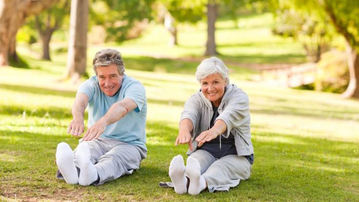 An elderly couple exercising