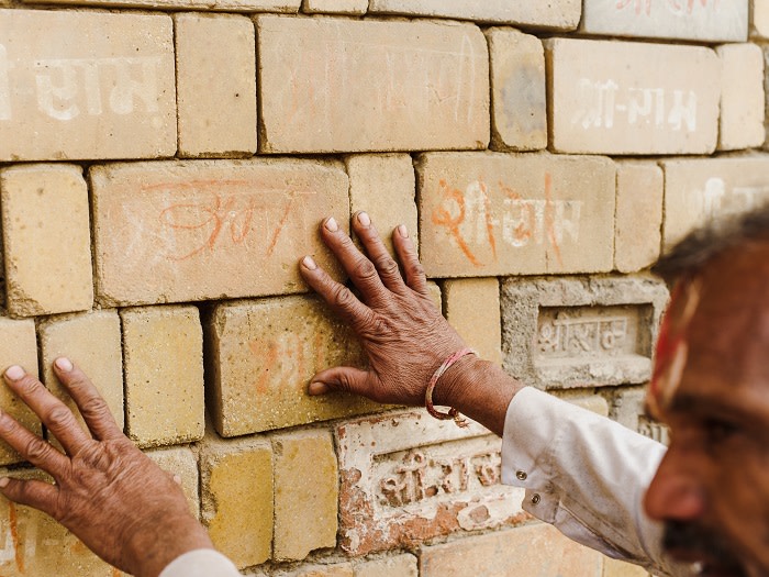Many of right wing of activists who demolished the old mosque Babri Masjid in 1992 carried with them bricks inscribed with name of Ram in the hope they would be used for the eventual temple. These are now on display at the temple workshop run the right wing Vishwa Hindu Parishad (VHP).