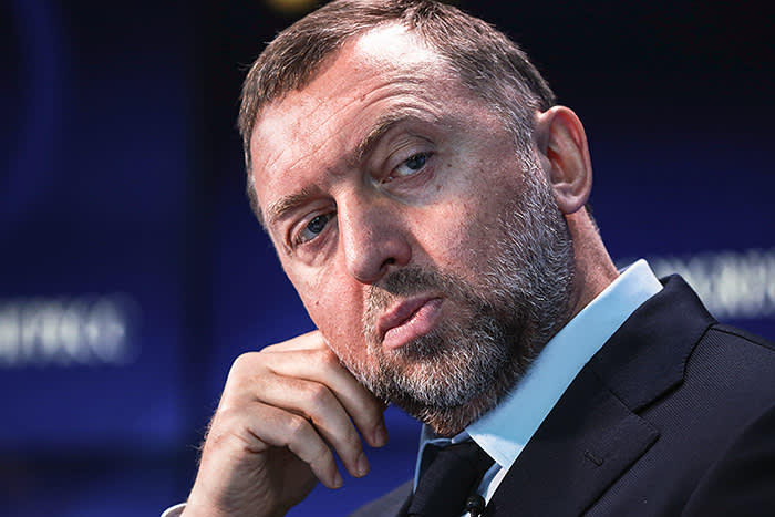 FILE: Oleg Deripaska, Russian billionaire and president of United Co. Rusal, pauses on the Bloomberg Television debate panel during the St. Petersburg International Economic Forum (SPIEF) at the Expoforum in Saint Petersburg, Russia, on Thursday, June 1, 2017. United Co. Rusal -- the biggest aluminum maker outside China -- and seven other Deripaska-linked firms were the most prominent targets in a list of 12 Russian companies the U.S. hit with sanctions on Friday intended to punish the country for actions in Crimea, Ukraine and Syria, and attempting to subvert Western democracies. Our editors select the best archive images on Deripaska and Rusal. Photographer: Simon Dawson/Bloomberg