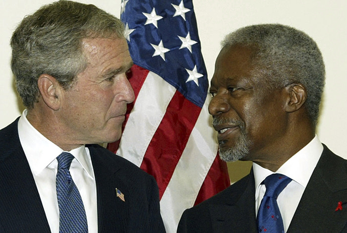 FILE - In this Tuesday, Sept. 23, 2003 file photo U.N. Secretary General Kofi Annan greets President Bush at U.N. headquarters before the start of the 58th U.N. General Assembly. Annan, one of the world's most celebrated diplomats and a charismatic symbol of the United Nations who rose through its ranks to become the first black African secretary-general, has died. He was 80.(AP Photo/Scott Applewhite, File)