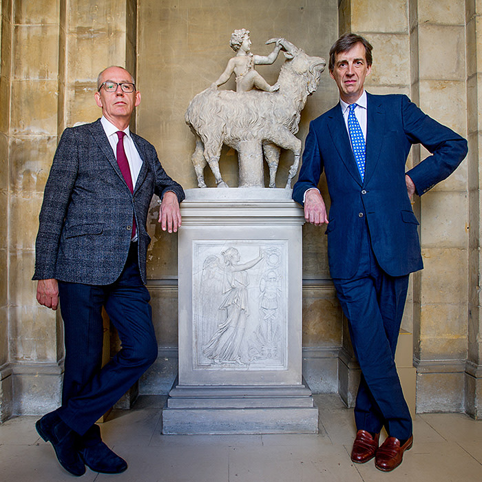 Picture Shows Edward Harley, chairman of the Acceptance in Lieu Panel (R) & Nicholas Howard, Director of Castle Howard Estate Ltd (L) with A Roman marble figure of a boy riding a goat, 2nd century AD Castle Howard, York North Yorkshire, UK. Picture Taken Friday 4th August 2017