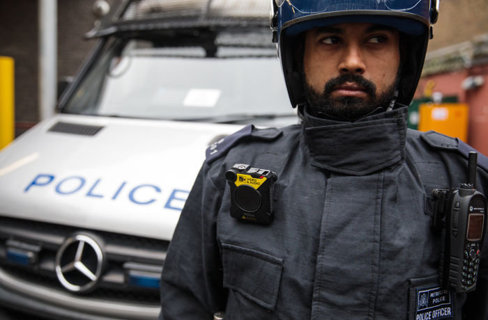 LONDON, ENGLAND - JANUARY 25: A body-worn camera (BWC) is pictured on the uniform of PC Mohammed Azir at Brixton Police Station on January 25, 2017 in London, England. The Metropolitan Police are rolling out the use of body-worn cameras which are able to record incidents and are thought to reduce the number of complaints against police officers. (Photo by Jack Taylor/Getty Images)
