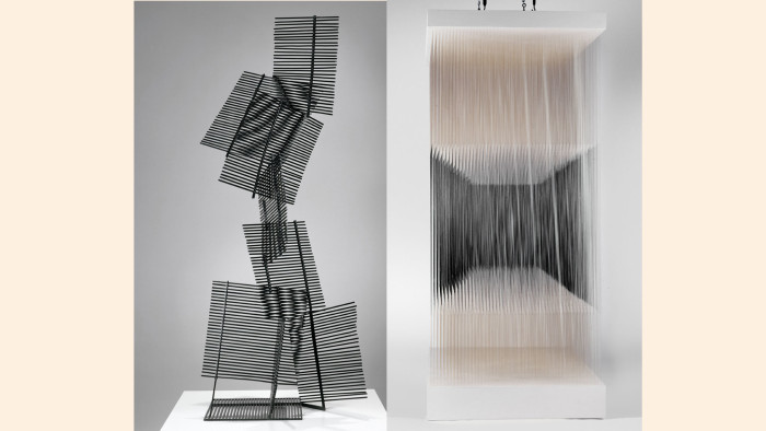 From left, 'Eight Squares' (1961) by Gego; 'Nylon Cube' (1990) by Jesús Soto