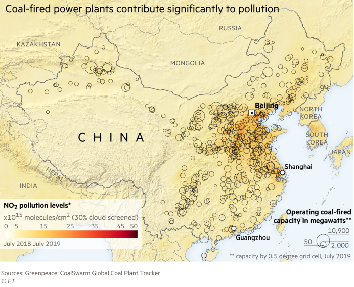 Map showing how coal-fired power plants contribute significantly to pollution in China