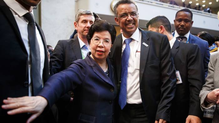 Outgoing director-general of the World Health Organization Margaret Chan, left, and her successor Tedros Adhanom Ghebreyesus