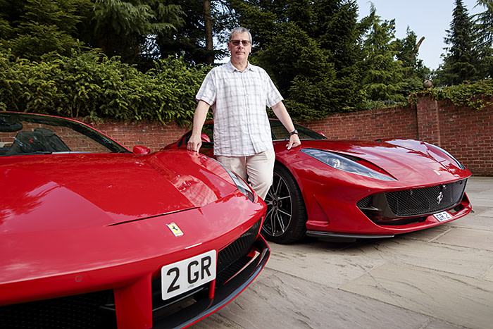 Picture by Jon Super for The Financial Times newspaper. Pic fao Alan Knox - Special Reports Picture shows multiple Ferrari owner Graham Royle at his home in Shaffield res tory about an electric Ferrari, July 25, 2019. (Photo/Jon Super 07974 356-333)