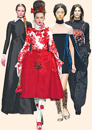From left: A/W 2013 designs by Valentino; Thom Browne; Marios Schwab; Christopher Kane