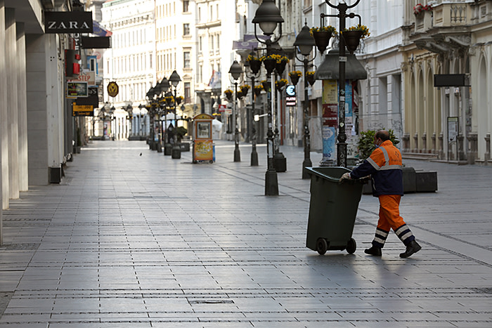 SERBIA, BELGRADE - APRIL 04, 2020: Belgrade's main streets were empty during lockdown on the first evening of a curfew imposed as part of measures to stem the spread of the coronavirus.; Shutterstock ID 1693526353; Department: -; Job/Project: -; Employee Name: -