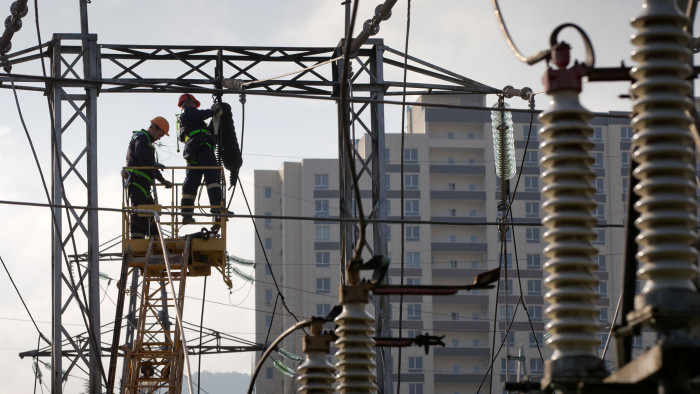 CRIMEA, RUSSIA NOVEMBER 17, 2017: Electricians changing transformers at an electrical substation operated by the Krymenergo power generating company in the town of Yalta. Sergei Malgavko/TASS (Photo by Sergei Malgavko\TASS via Getty Images)