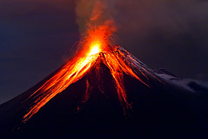 A volcano erupting with lava