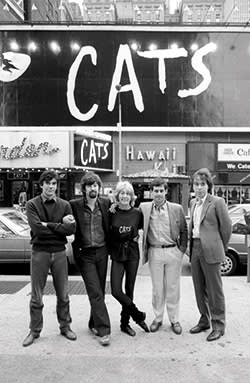 At the Broadway opening of 'Cats' in 1982. From left: set designer John Napier, director Trevor Nunn, choreographer Gillian Lynne, producer Cameron Mackintosh and composer Andrew Lloyd Webber