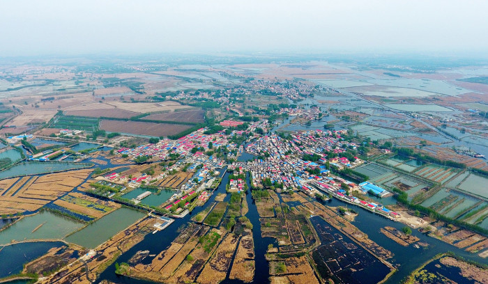 (180423) -- BEIJING, April 23, 2018 (Xinhua) -- Photo taken on April 9, 2017 shows a village in Baiyangdian lake in Anxin County, north China's Hebei Province. (Xinhua/Mu Yu)