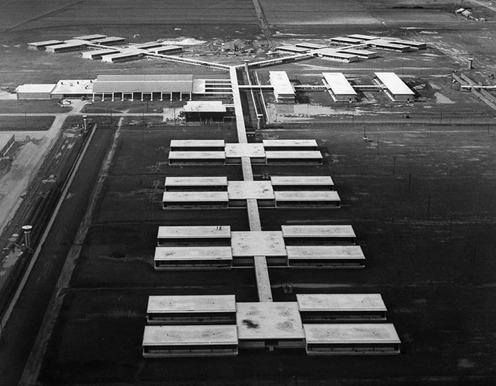 Aerial view of new prison buildings at the Louisiana State Penitentiary, November 1955